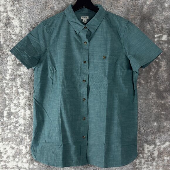 LL Bean Womens Size L Cotton Button Shirt Green Short Sleeve Casual Collared - Picture 1 of 10